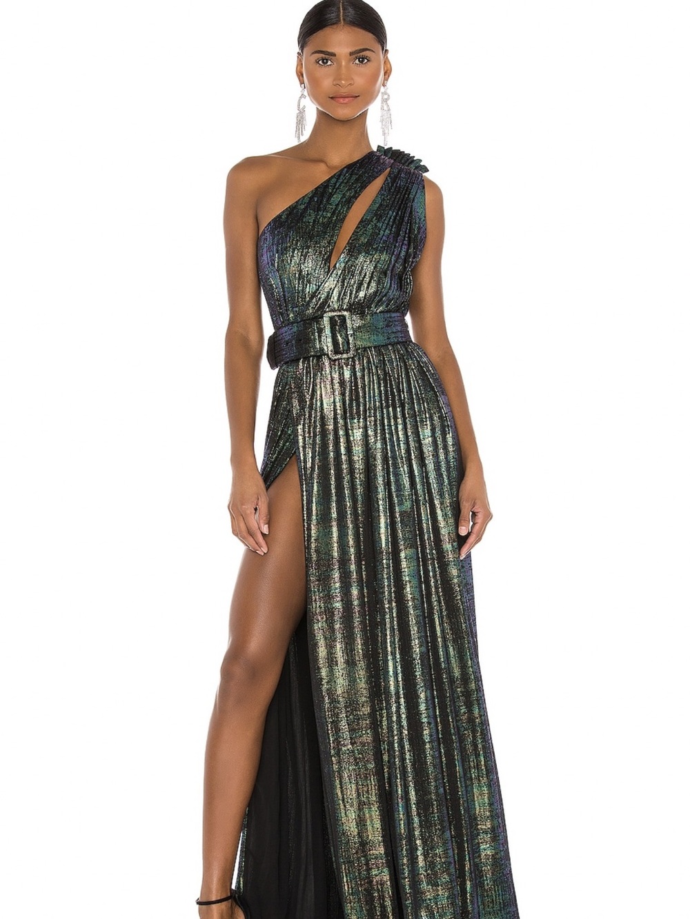 Retrofete Andrea Iridescent Green-Blue One-Shoulder Maxi Dress